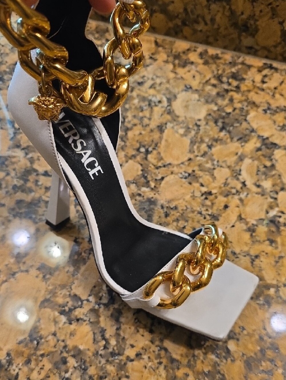 Versace White Heeled Sandals with Gold Chain Accents - Picture 12 of 12
